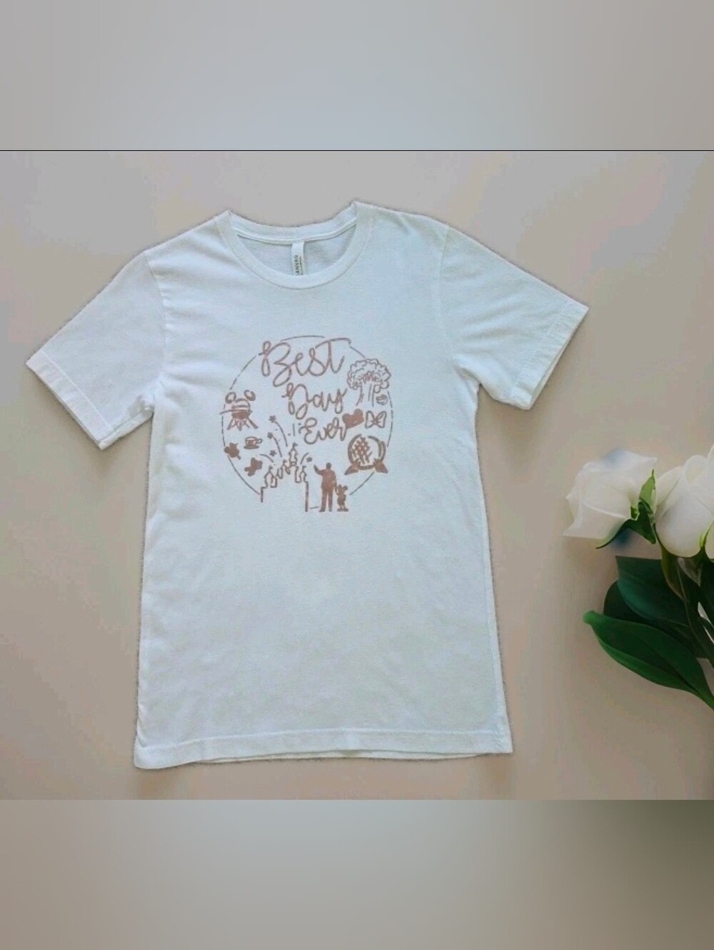 Bella Canvas White Tee with Light Rose Gold "Best Day Ever" Graphic Womens Small